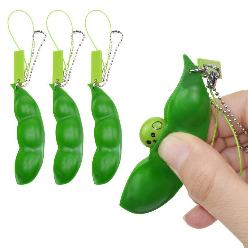 Decorative Keychain, Squeeze-a-Bean Stress Relieving Playful Charms, Extrusion Edamame Pea Keychain for Mobile Phones and Keys