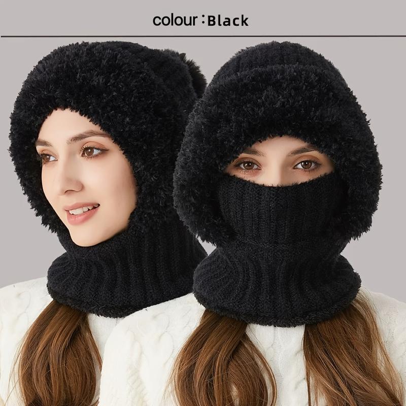 A Winter Knitted Hat-3-in-1 Knitted Hat Scarf Mask with Wool Lining and Ear Flaps Suit-Windproof Warming Kerchief Scarf, Suitable for Cycling, Acrylic Hand Wash Elastic Braided Hat, No Feather