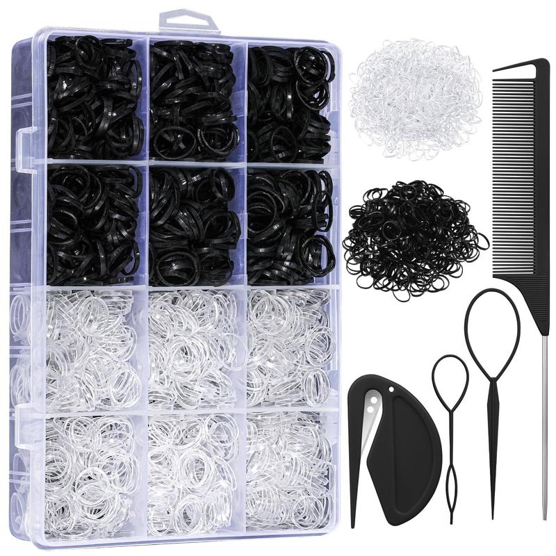 2200 Pcs Elastic Hair Bands with Hair Loop Styling Tool Set, Clear Mini Hair Bands and Black Elastic Hair Ties with Rubber Band Cutter Organizer Box Hair Accessories for Toddler Baby Girl Women