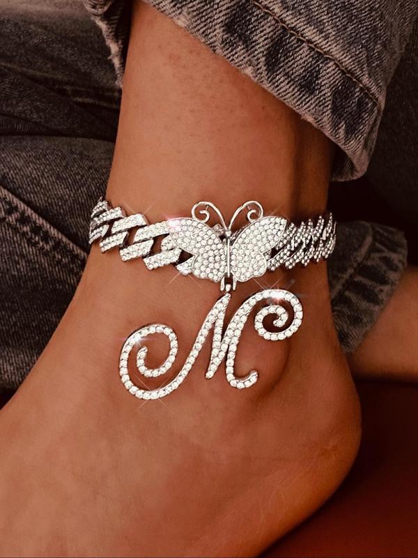 Rhinestone Butterfly & Letter Decor Cuban Chunky Chain Link Anklet for Women & Girls, Ankle Bracelet Summer Style Jewelry, for Birthday Gift Back To School