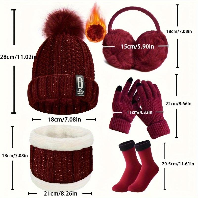 A Set of 5 Pieces Winter Sports Accessories Suit-Polyester Blending Knitted Hat, Neck Warmer, Touchpad Sensible Gloves, Plush Earmuff, Warm-Keeping Socks, Suitable for Skiing, Cycling, Hiking-Outdoor Equipment Suit