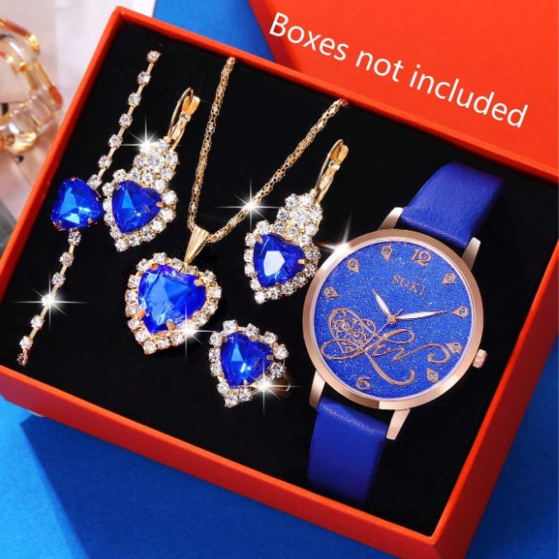 Ladies Watch 6pcs Set Ladies' White Pu Strap Quartz Watch With 'love' Dial And Heart Shaped Jewelry Set