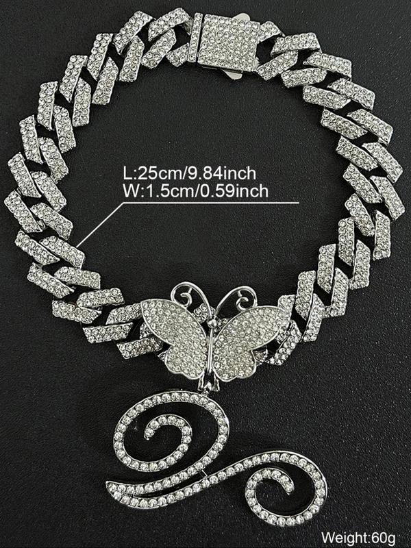 Rhinestone Butterfly & Letter Decor Cuban Chunky Chain Link Anklet for Women & Girls, Ankle Bracelet Summer Style Jewelry, for Birthday Gift Back To School