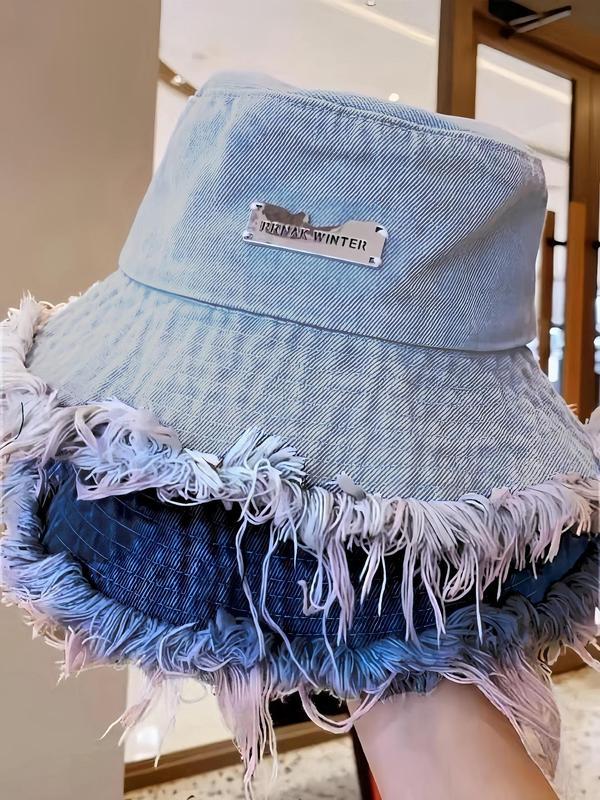 Letter Patch Washed Raw Trim Bucket Hat , Casual Outdoor Sun Protection Cap for Women & Men, Fashion Accessories for Daily & Back To School