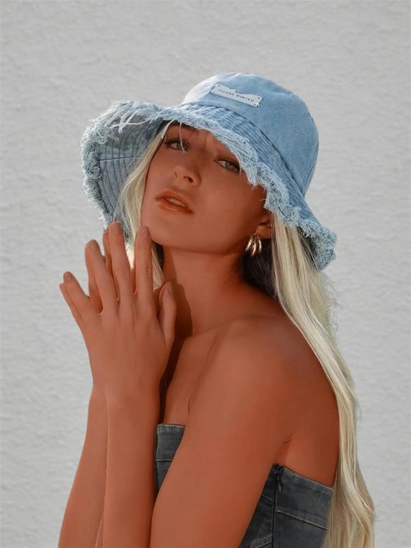 Letter Patch Washed Raw Trim Bucket Hat , Casual Outdoor Sun Protection Cap for Women & Men, Fashion Accessories for Daily & Back To School