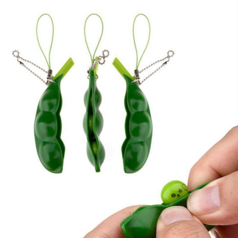 Decorative Keychain, Squeeze-a-Bean Stress Relieving Playful Charms, Extrusion Edamame Pea Keychain for Mobile Phones and Keys