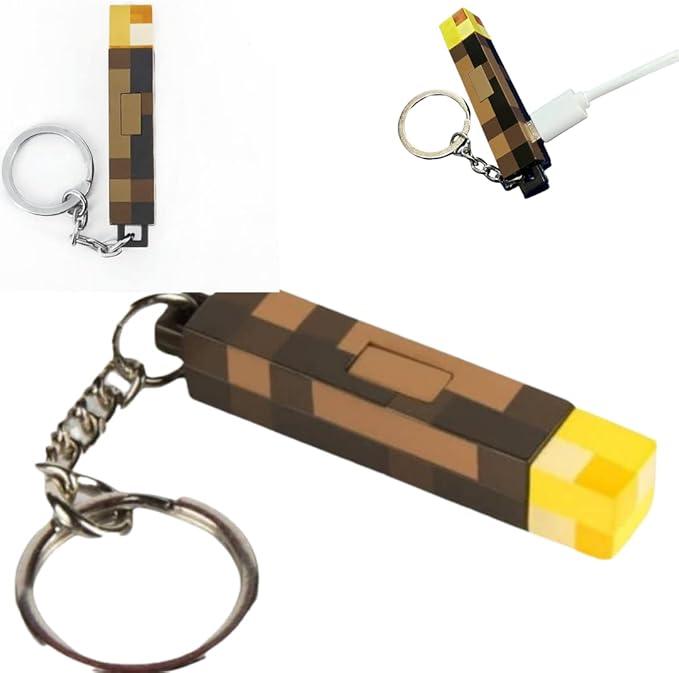 Minecraft Torch Light LED Keychain USB Rechargeable with Charging Cable