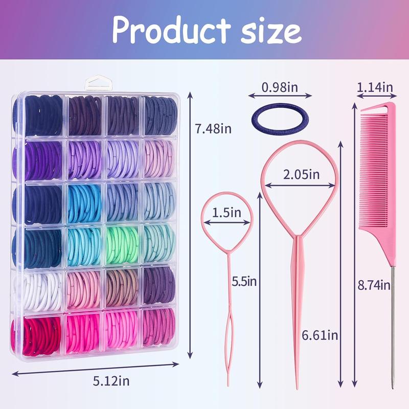 360 count Hair Accessory Set: Elastic Ponytail Holders, Clear Organizer Box, Rat Tail Comb, 24 Colors for , , and Girls