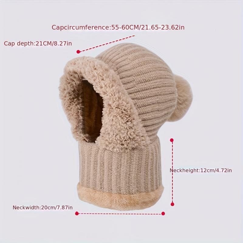 A Winter Knitted Hat-3-in-1 Knitted Hat Scarf Mask with Wool Lining and Ear Flaps Suit-Windproof Warming Kerchief Scarf, Suitable for Cycling, Acrylic Hand Wash Elastic Braided Hat, No Feather