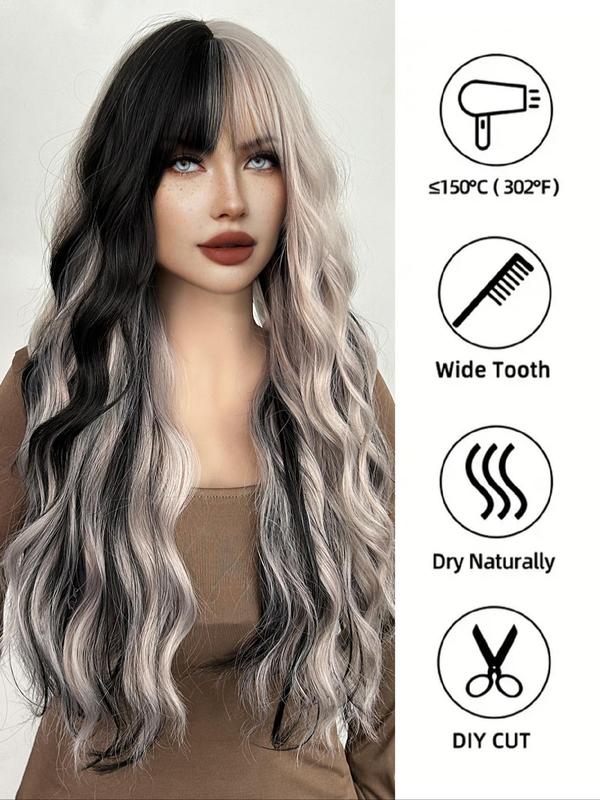 26 Inch Gray & Black Long Water Wave Wigs for Women, Gorgeous Fluffy Wigs with Blunt Bangs, Synthetic Full Machine Wigs for Women Daily Party Cosplay Costume Wig