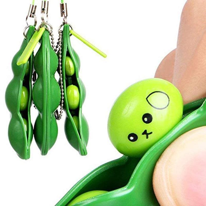 Decorative Keychain, Squeeze-a-Bean Stress Relieving Playful Charms, Extrusion Edamame Pea Keychain for Mobile Phones and Keys