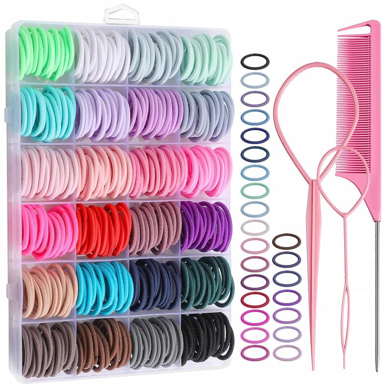 360 count Hair Accessory Set: Elastic Ponytail Holders, Clear Organizer Box, Rat Tail Comb, 24 Colors for , , and Girls