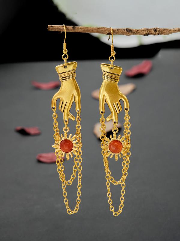 Vintage Hand & Flower Design Dangle Earrings, Punk Style Chain Decor Drop Earrings for Women, Trendy Exquisite Jewelry for Party, Daily Decor