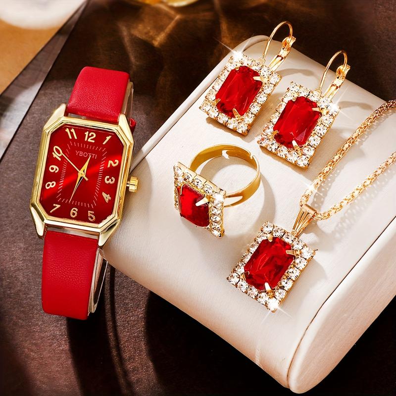 Elegant 5pc Women's Quartz Watch and Fashion Jewelry Set with Rhinestone, Rectangle Case PU Leather Band, Analog Display, Zinc Alloy, Non-rechargeable Button Battery - Ideal Gift for Valentine's Day, Easter, Christmas, Eid Al-Adha