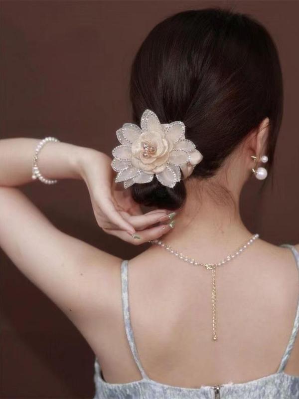 Women's Elegant Artificial Crystal & Rhinestone Decorated Flower Design Hair Tie, Exquisite Trendy Hair Tie, Fashionable Hair Accessories for Daily Use