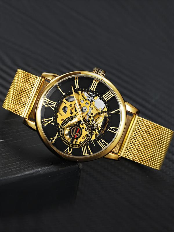 Men's Classic Vintage Transparent Skeleton Mechanical Watch, Luminous Hands Mesh Stainless Steel Strap Business Casual Hand Winding Watches, Gifts with Box