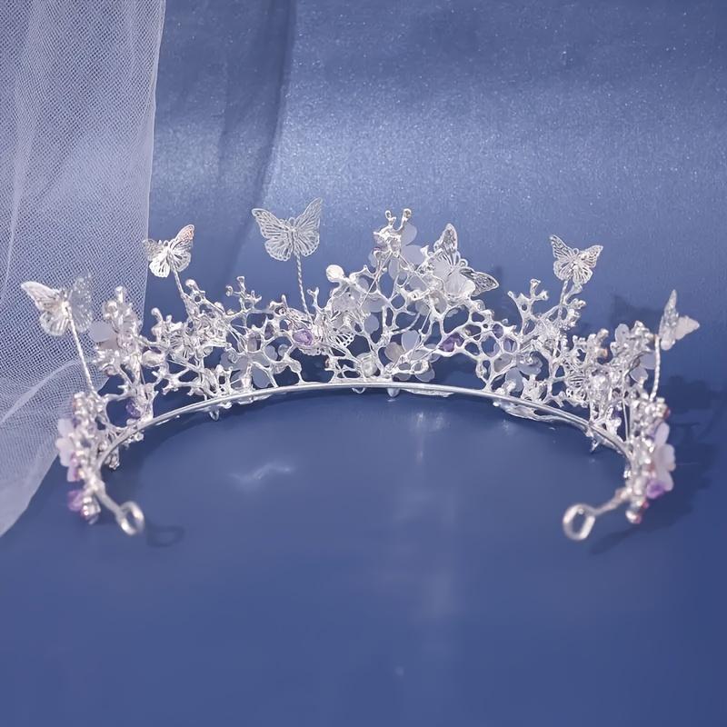 1pcs Exquisite Baroque Princess Tiara - Silvery and Purple Crown with Gorgeous Flower and Butterfly Design - Perfect for Birthday, Holiday Party, Wedding, Photography Props, Stage Performance and Gift Giving