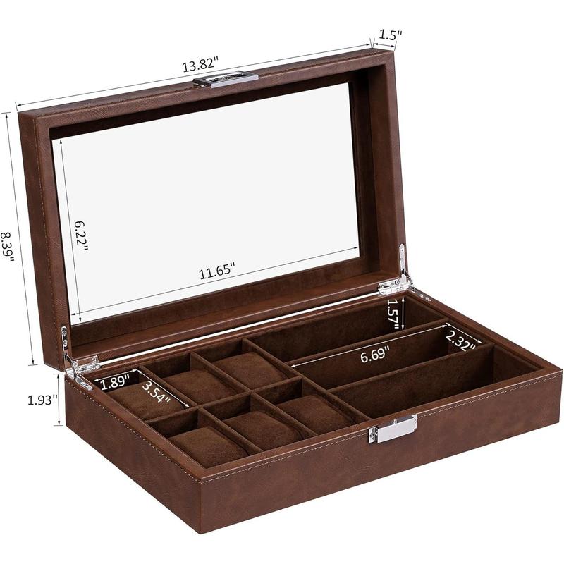 Watch Box Sunglass Organizer with Real Glass Top, 6 Watch Case and 3 Slots Sunglasses Box for Men, Faux Leather, Real Glass Top, Brown SSH18Z