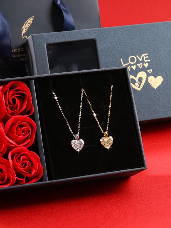 Women's Elegant Rhinestone Decorated Heart Design Necklace, Exquisite Trendy Jewelry Set with Box, Fashionable Jewelry Set for Women & Girls As Birthday Gift