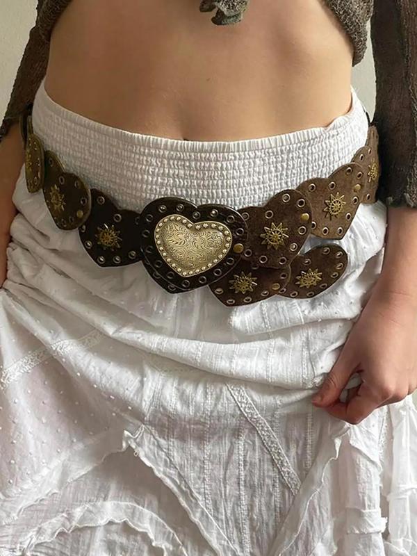 Women's Boho Style Heart Design Pu Buckle Belt, Vintage Ethnic Pattern Decorative Belt for Women, Fashion Belt for Party, Daily Clothing Decor, Trendy All-match & Exquisite Belt for Birthday Gift