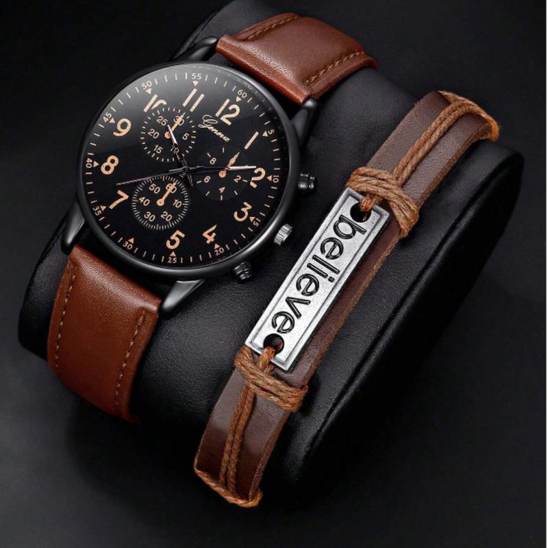 Men's Brown Casual Round Dial Analog Quartz Watch and Bracelet Set for Men