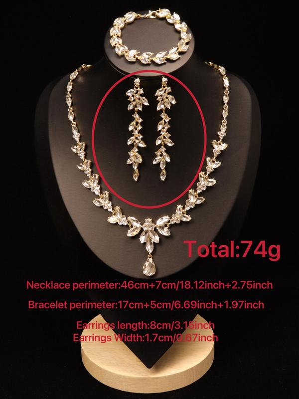 Women's Elegant Rhinestone Decorated Jewelry Set, Exquisite Trendy Necklace & Dangle Earrings & Bracelet, Chic Jewelry Set for Party Decoration