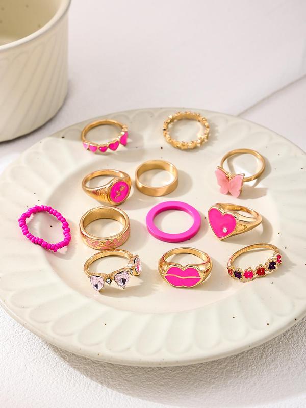 Cute Heart & Rhinestone Decorated Mixed Ring Set, Boho Style Jewelry for Women & Girls, Trendy All-match & Exquisite Jewelry for Birthday Gift