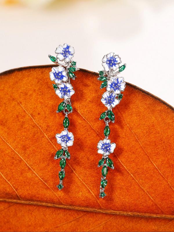 Fashion Elegant Rhinestone Decorated Flower Dangle Earrings As Gift, 2024 New Trendy Vintage Leaf Design Earrings for Women, Anniversary, Engagement, Wedding, Gifts for Women and Girls