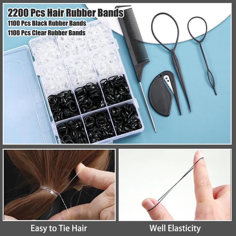 2200 count Elastic Hair Bands with Hair Loop Styling Tool Set, Clear Mini Hair Bands and Black Elastic Hair Ties with Rubber Band  Organizer Box Hair Accessories for   Girl Women