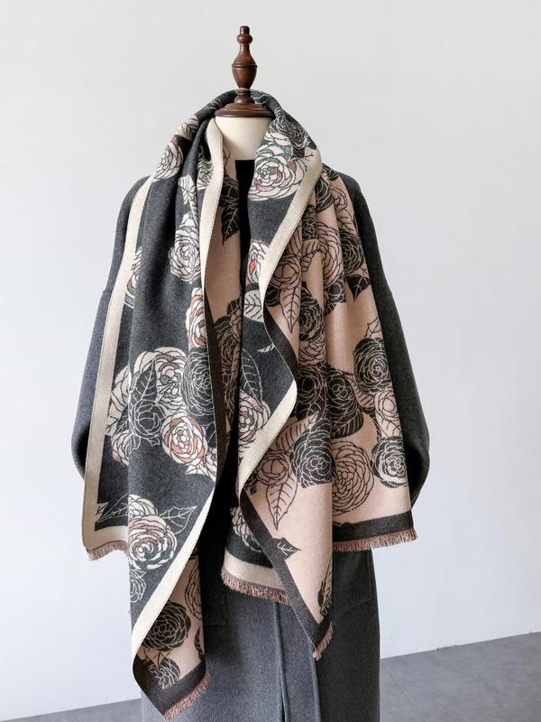 Vintage Floral Pattern Shawl, Casual Soft Warm Long Scarf for Fall & Winter, Fashion Accessories for Women & Men