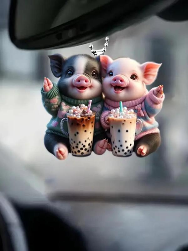 Cute Pig & Milk Tea Design Hanging Ornament, Cartoon Creative Keychain for Car Keys & Backpack & Car Rearview Mirror Decor, Kawaii Accessories As Gift