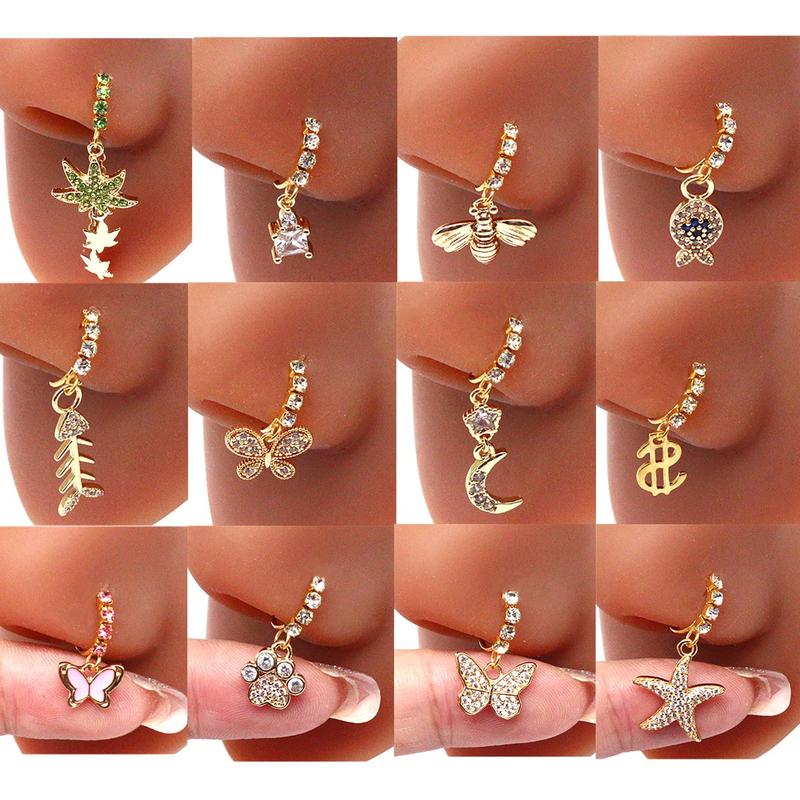 1 Piece 22G CZ Dangle Nose Rings Stainless Steel Nose Studs Crystal Butterfly Fish Bee Stars Moon Starfish Leaf Dangling Hoop Surgical Piercing Body Jewelry Bone Nostrial Tragus Studs Fashion Dainty for Women Unisex