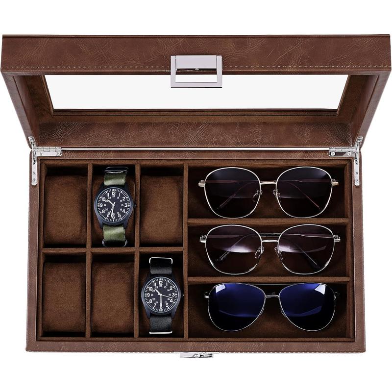 Watch Box Sunglass Organizer with Real Glass Top, 6 Watch Case and 3 Slots Sunglasses Box for Men, Faux Leather, Real Glass Top, Brown SSH18Z