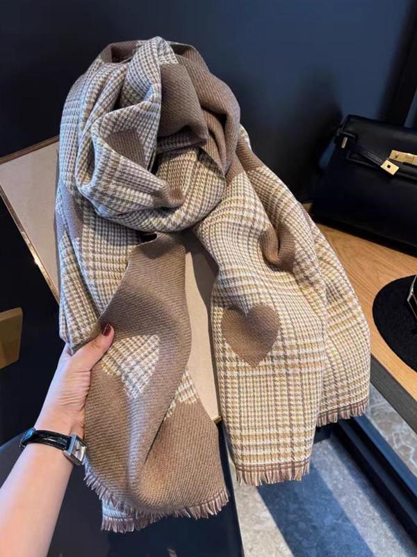 Plaid & Heart Pattern Scarf, Elegant Soft Warm Thickened Shawl for Women & Men, Fashion Accessories for Daily Wear