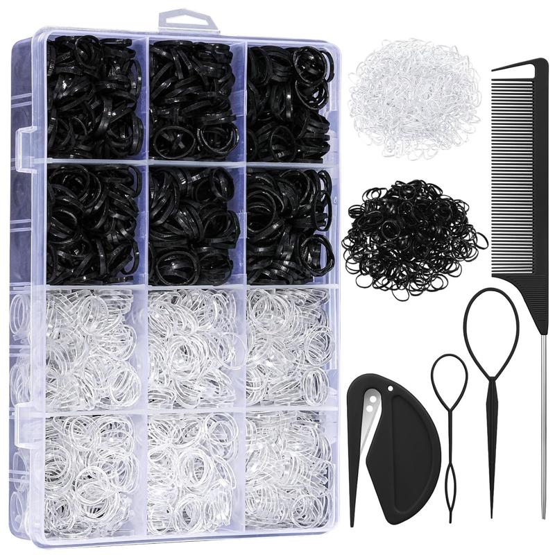 2200 count Elastic Hair Bands with Hair Loop Styling Tool Set, Clear Mini Hair Bands and Black Elastic Hair Ties with Rubber Band  Organizer Box Hair Accessories for   Girl Women