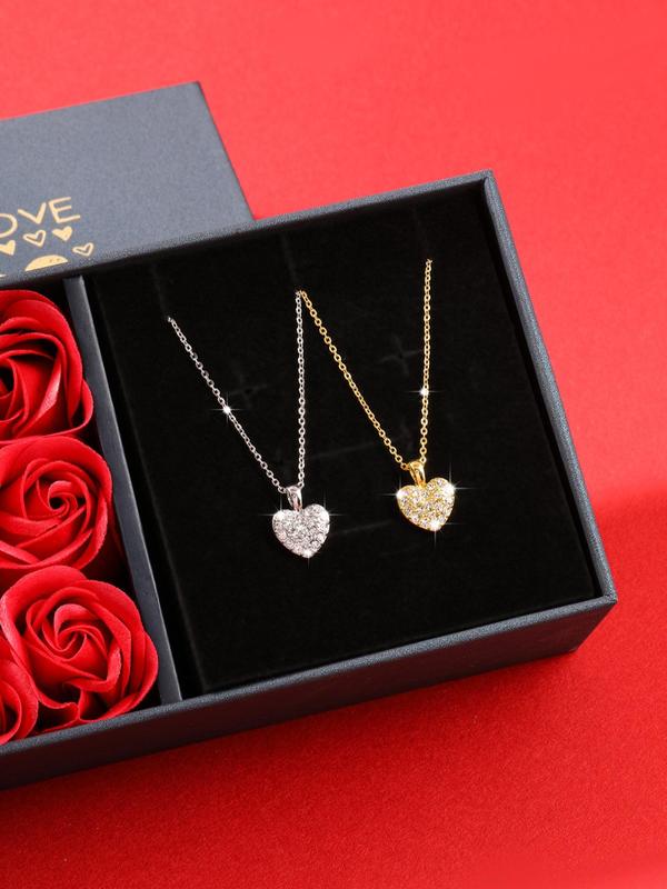 Women's Elegant Rhinestone Decorated Heart Design Necklace, Exquisite Trendy Jewelry Set with Box, Fashionable Jewelry Set for Women & Girls As Birthday Gift