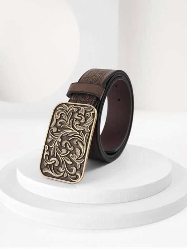 Boho Style Vintage Flower Embossed PU Buckle Belt, Fashionable Western Style Belt for Women & Men, Trendy All-match Belt for Birthday Gift for Outfit Matching