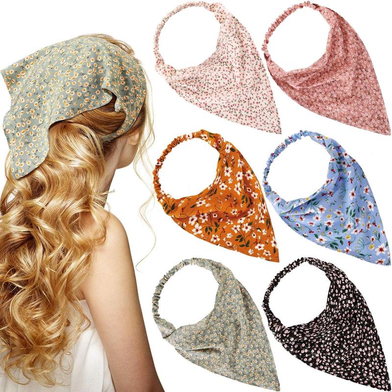 6 Pcs Floral Elastic Hair Bandanas Boho Scarf Headband Chiffon Head Kerchief Turban with Hair Clips for Women