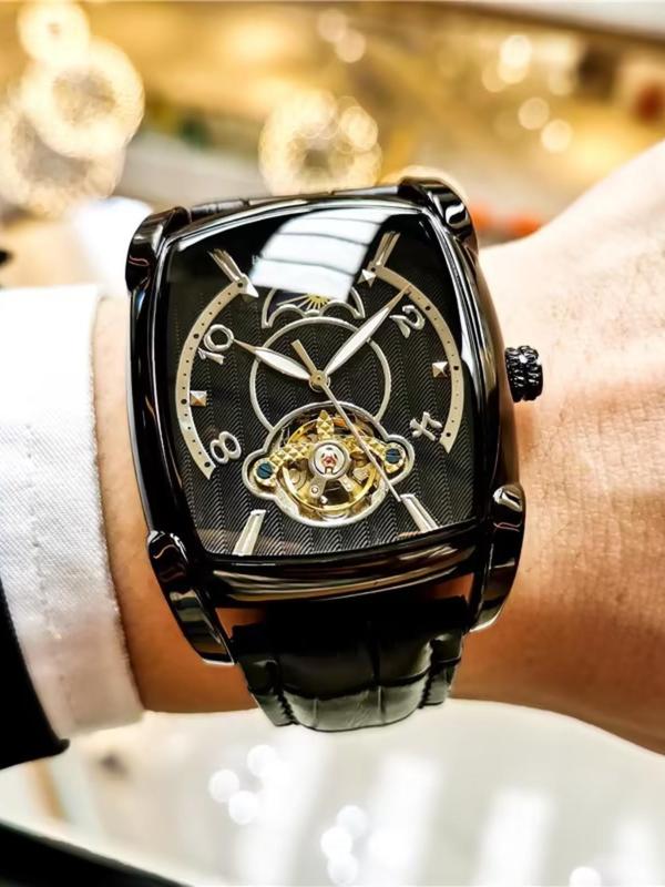 Men's Business Fashion Square Dial Mechanical Watch, Fashion Watch for Party, Daily Clothing Decor, Trendy All-match & Exquisite Watch for Birthday Gift with Box