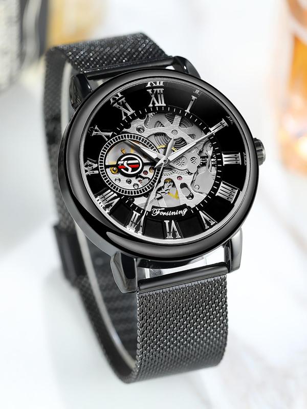 Men's Classic Vintage Transparent Skeleton Mechanical Watch, Luminous Hands Mesh Stainless Steel Strap Business Casual Hand Winding Watches, Gifts with Box