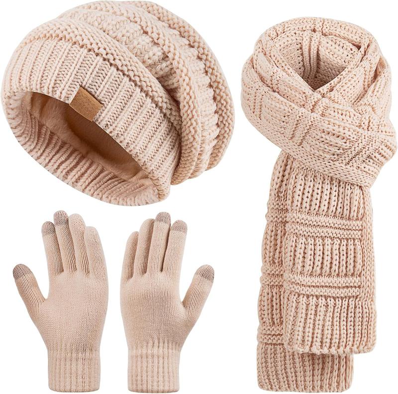 Women's Beanie Hat Scarf,Gloves Set Fleece Lined Winter Hat with Long Knit Scarf, Neck Warmer Touchscreen Gloves for Women