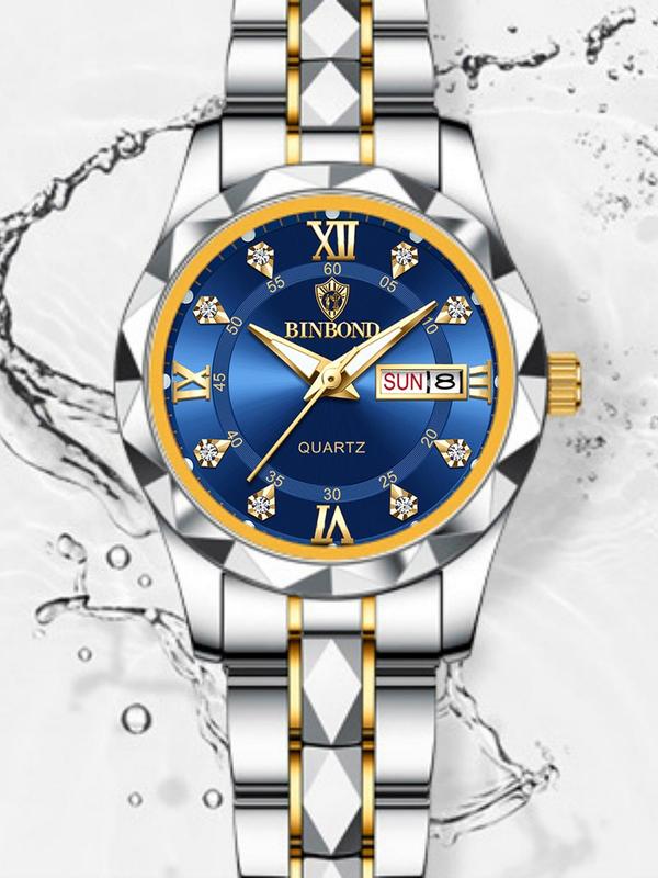 Women's Fashion Round Dial Stainless Steel Strap Quartz Watch, 30m Waterproof Watch with Calendar Function, Trendy All-match & Exquisite Watch for Birthday Gift with Box