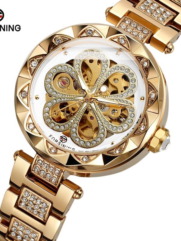 Women's Elegant Rhinestone Decorated Mechanical Watch, Fashionable Round Dial Watch for Women & Girls, Trendy Exquisite Watch for Birthday Gift with Box