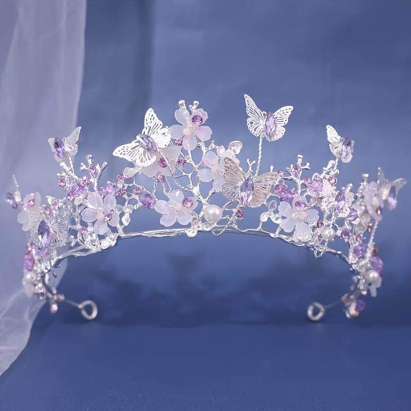 1pcs Exquisite Baroque Princess Tiara - Silvery and Purple Crown with Gorgeous Flower and Butterfly Design - Perfect for Birthday, Holiday Party, Wedding, Photography Props, Stage Performance and Gift Giving