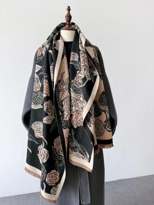 Vintage Floral Pattern Shawl, Casual Soft Warm Long Scarf for Fall & Winter, Fashion Accessories for Women & Men