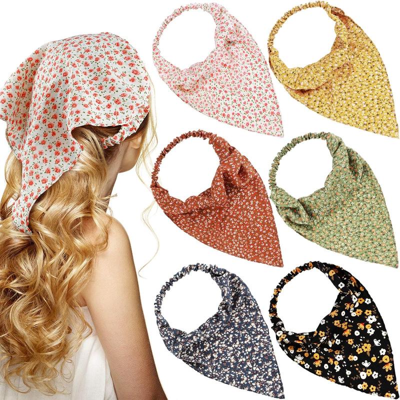 6 Pcs Floral Elastic Hair Bandanas Boho Scarf Headband Chiffon Head Kerchief Turban with Hair Clips for Women