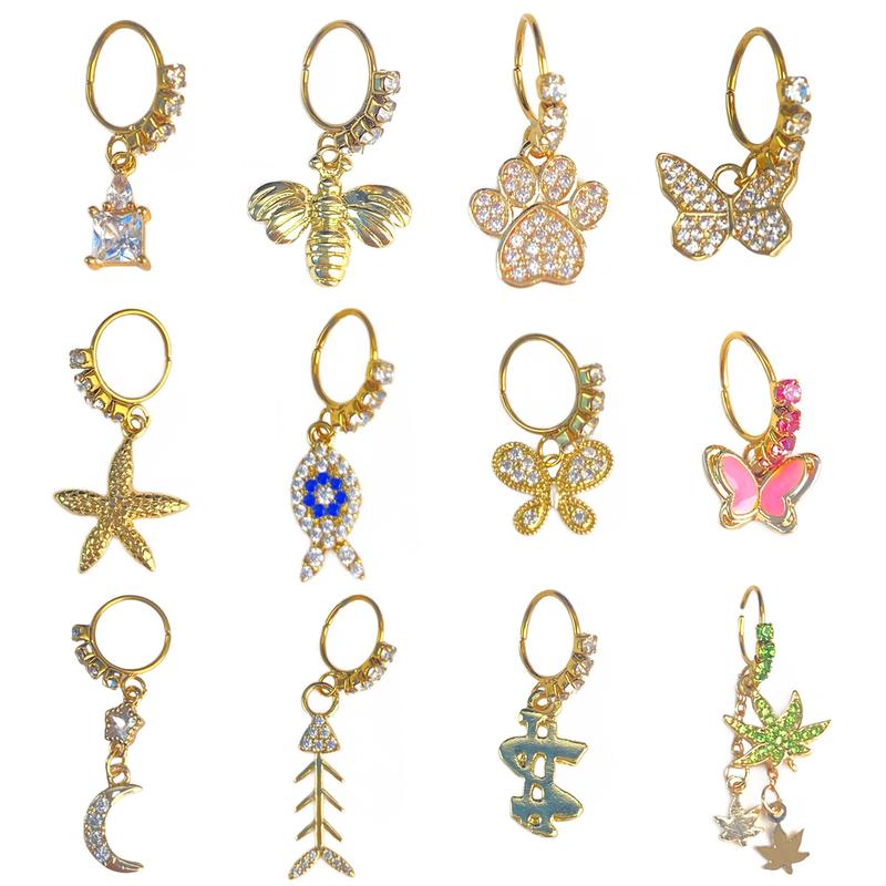 1 Piece 22G CZ Dangle Nose Rings Stainless Steel Nose Studs Crystal Butterfly Fish Bee Stars Moon Starfish Leaf Dangling Hoop Surgical Piercing Body Jewelry Bone Nostrial Tragus Studs Fashion Dainty for Women Unisex