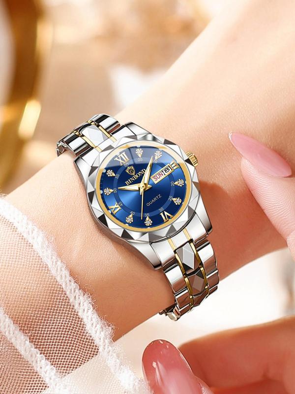 Women's Fashion Round Dial Stainless Steel Strap Quartz Watch, 30m Waterproof Watch with Calendar Function, Trendy All-match & Exquisite Watch for Birthday Gift with Box