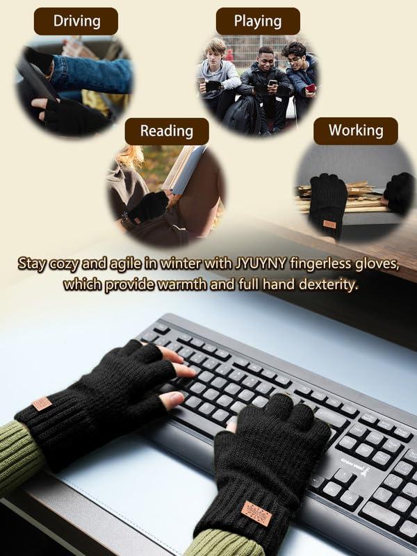 Winter Fingerless Gloves for Women Men, Warm Alpaca Wool Stretch Knit Cold Weather Adult Half Finger Glove for Driving