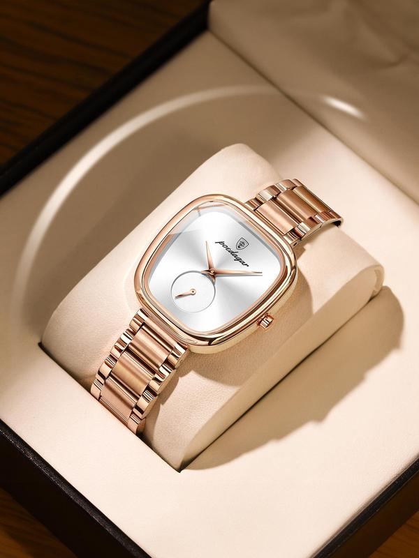 Women's Elegant Square Dial Quartz Watch, Fashionable Waterproof Stainless Steel Strap Watch for Women & Girls, Trendy All-match & Exquisite Watch for Birthday Gift with Box